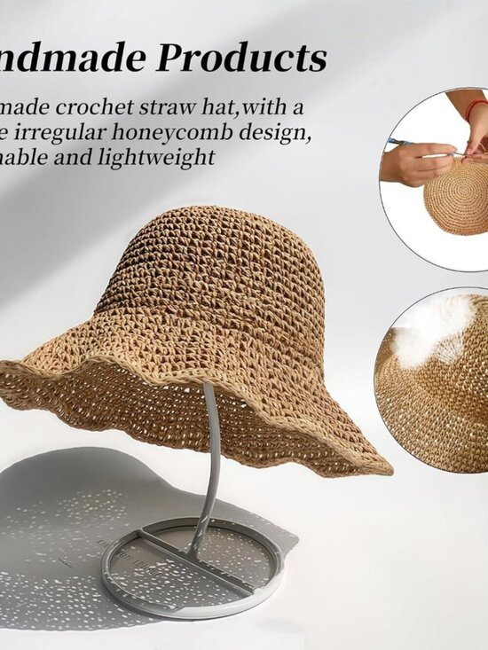 Women Foldable Summer Wide Brim Packable Sun Hat Travel Straw Fedora Hat Khaki4 main image 4